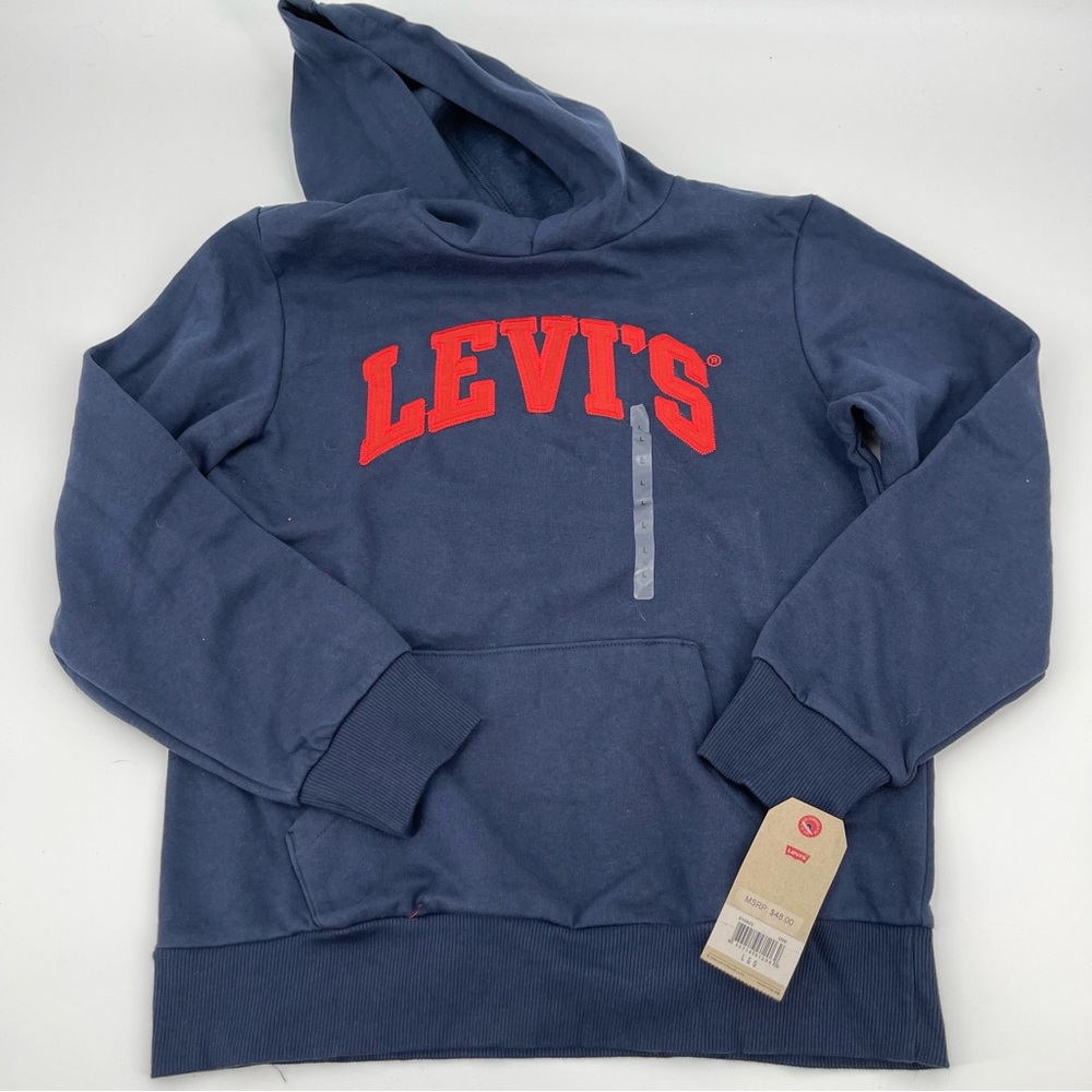 NWT Levi's Navy Blue Red Spell Out Long Sleeve Hoodie Youth Size L 12-13 Years